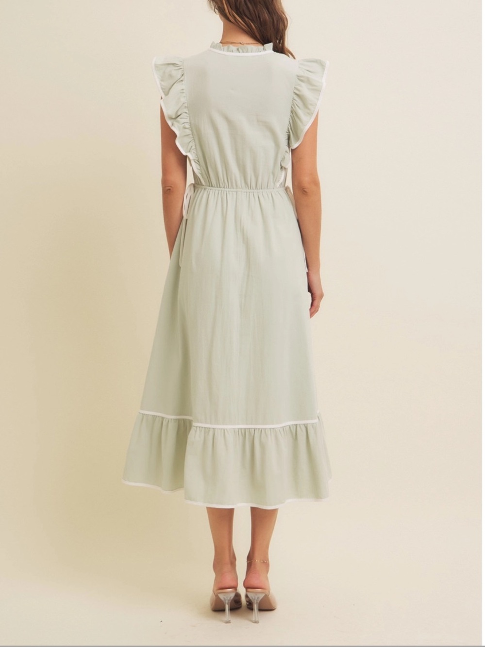 Sleeveless Ruffle Midi Dress in Soft Sage - Picture 6 of 6